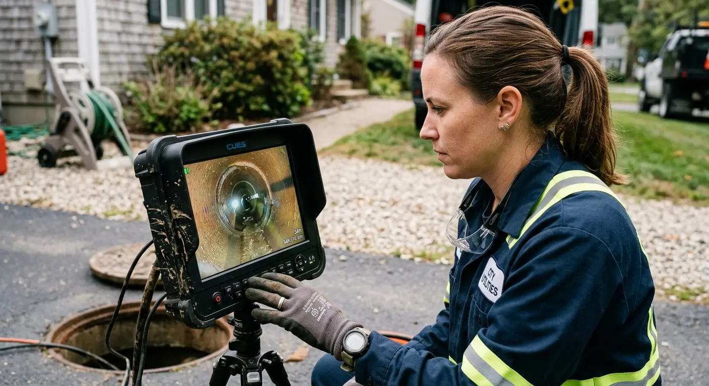 Technician reviewing sewer camera inspection footage in London