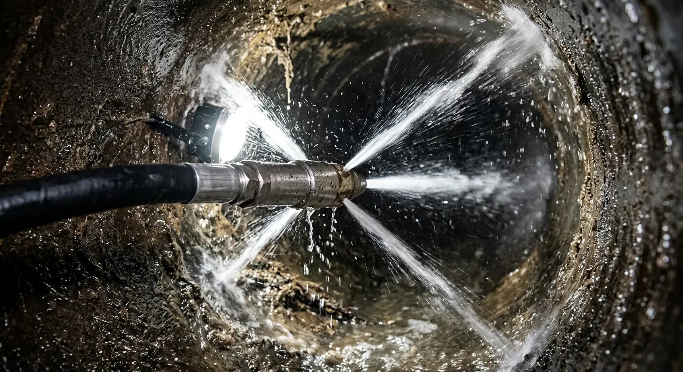 High-pressure hydro jetting nozzle cleaning sewer pipe for Emergency Drain Service in London